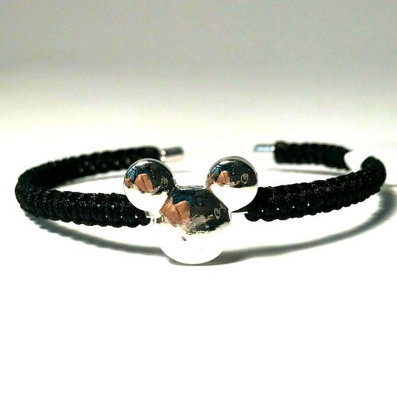 Disney Parks Mickey Mouse Icon Bracelet Rope Cuff Bangle Silver Black Disneyana - Picture 1 of 12